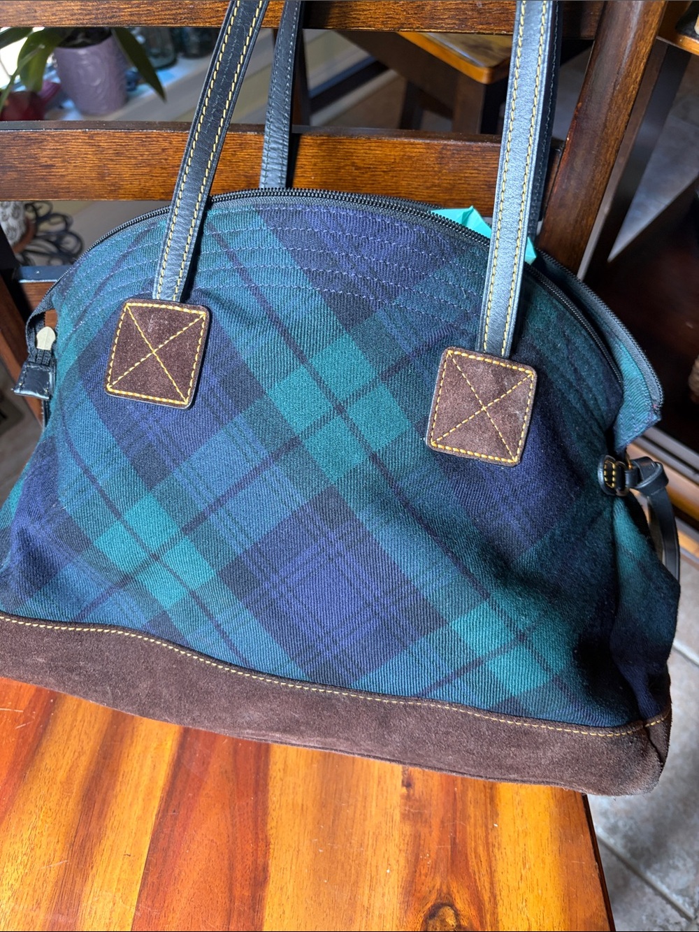 Dooney & Bourke Navy and Green Plaid Satchel - Picture 2 of 13
